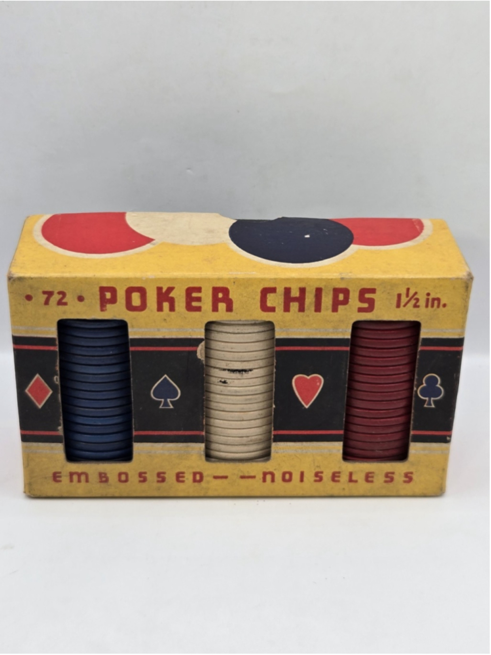 Vintage Poker Chips in Box 1.5" Embossed Noiseless V-8 Products